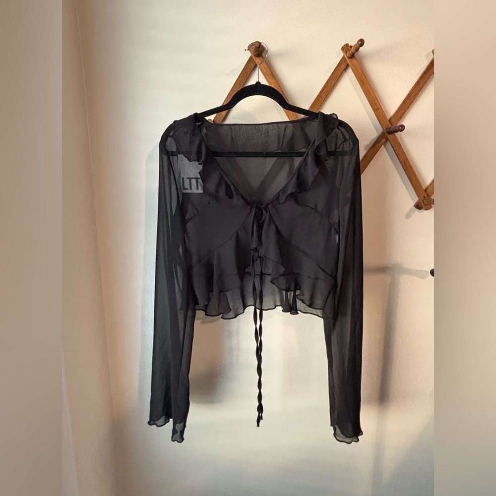 LoveTooTrue Capulet Blouse - Black Sheer Tie Long Sleeve Top